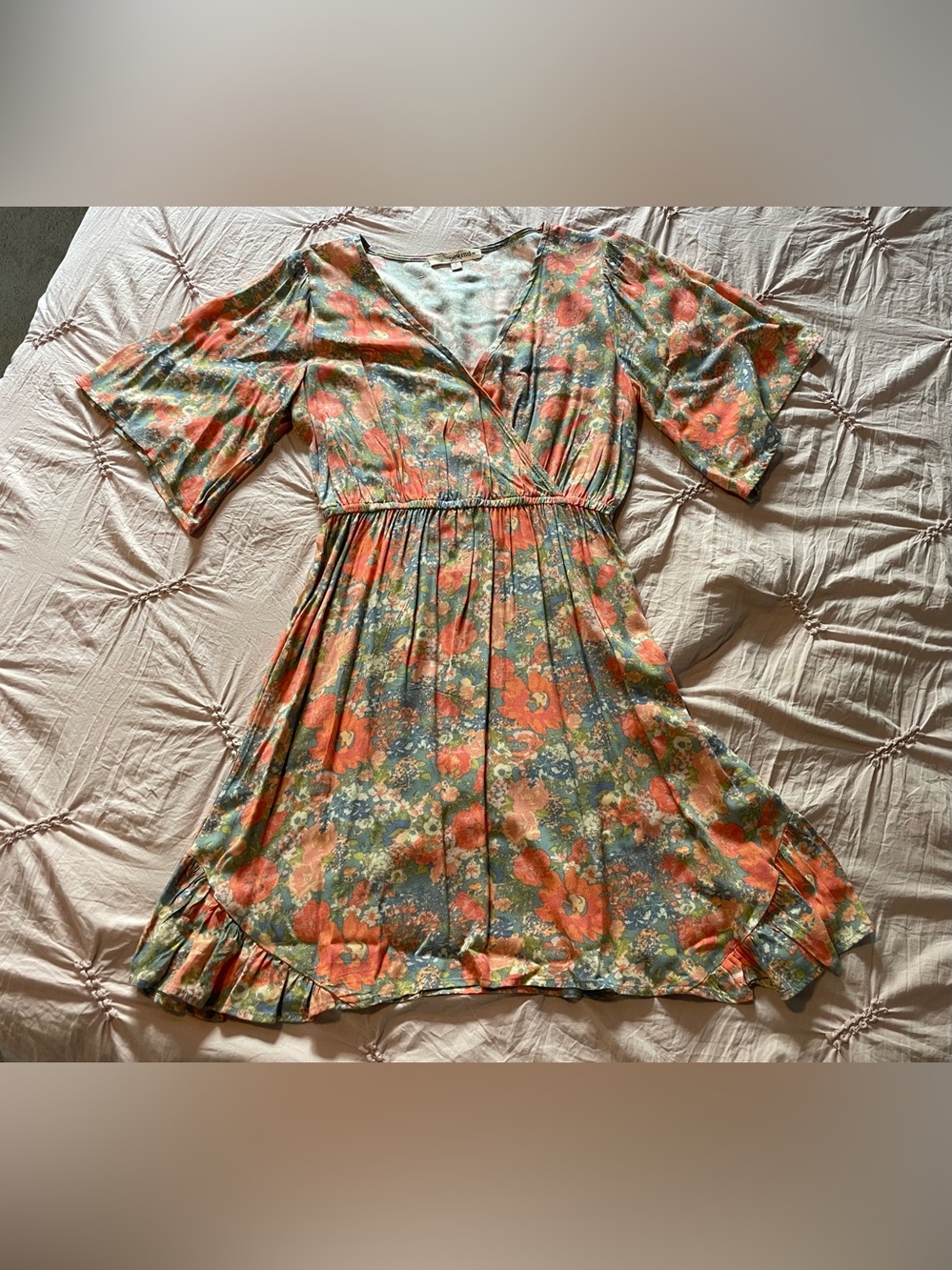 Simply Lovely Floral Faux โWrapโ Coral & Green Dress